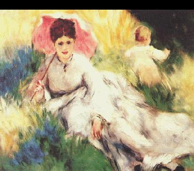Pierre Renoir Woman with a Parasol and a Small Child on a Sunlit Hillside